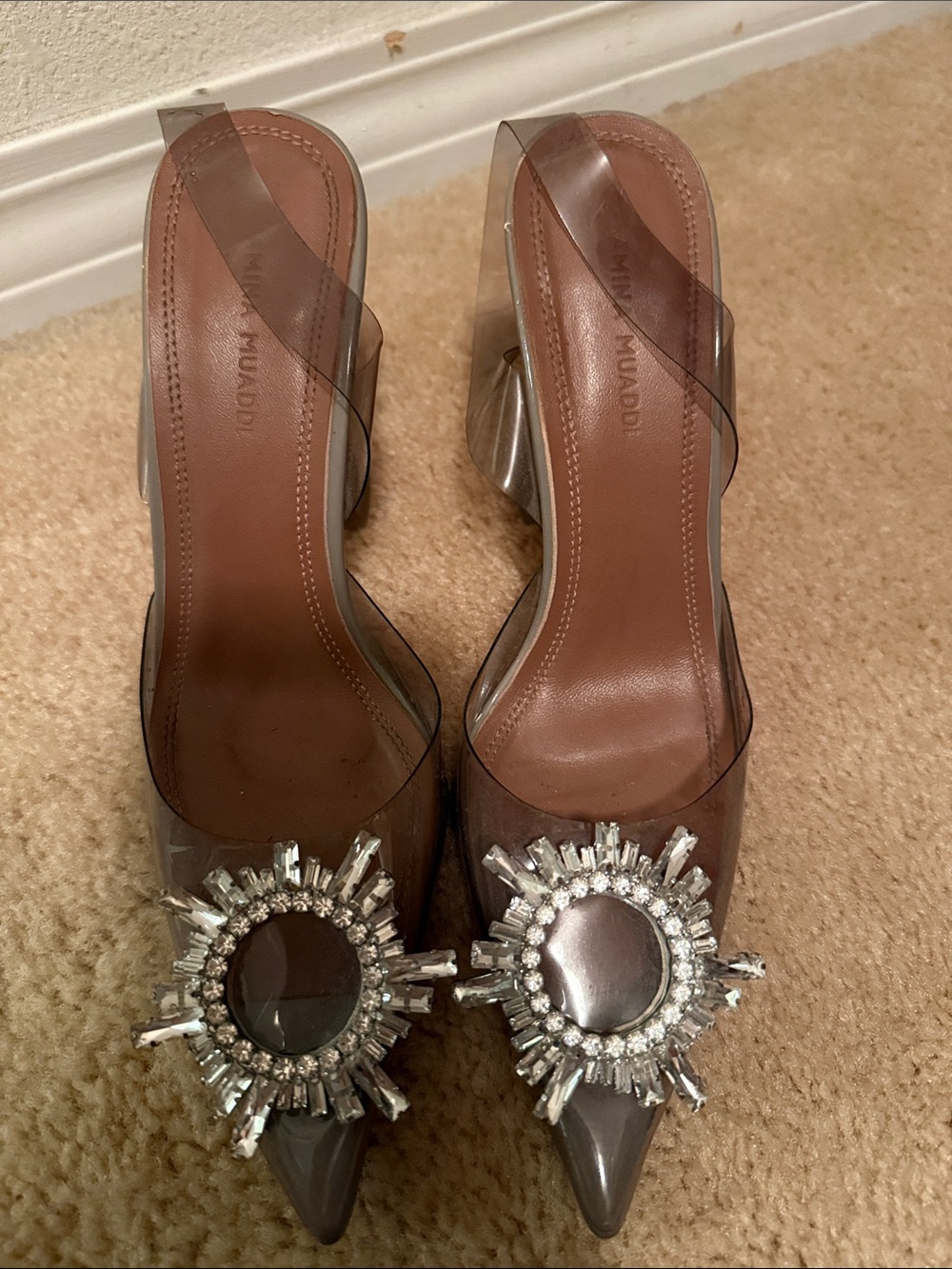 Miu Miu Brown Leather & Clear PVC Pointed Heels with Crystal Sunburst